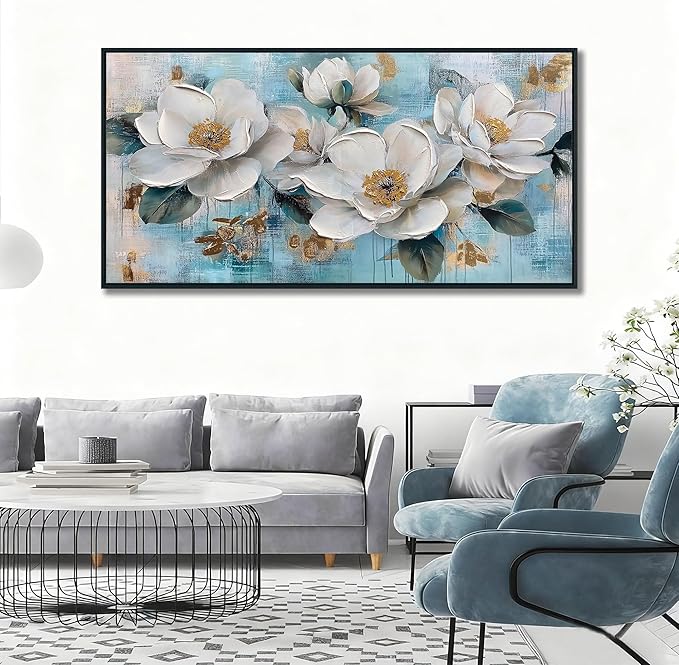 Ardemy Flower Teal Wall Art Framed Canvas for Living Room White Gold Floral Magnolia Canvas Painting, Bedroom Picture Textured Artwork Tranquil Home Office Wall Decor, Extra Large Black Wood 58"x29"