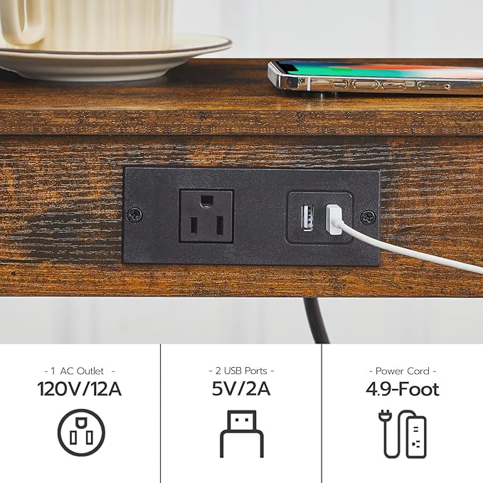 HOOBRO Small Side Table with Charging Station, End Table with USB Ports and Outlet, Nightstand with 2-Tier Storage Shelf, Faux Rattan Decoration, for Small Space, Rustic Brown and Black BF91UBZ01