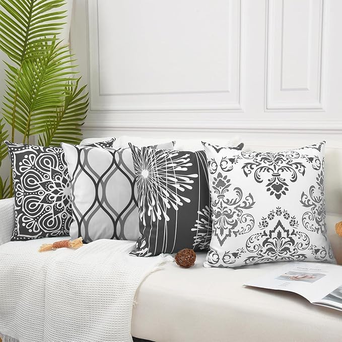 Coliuso Decorative Throw Pillow Covers 16x16 Set of 4, Dark Grey and White Modern Simple Square Pillow Case Cushion Cover for Sofa Couch Farmhouse Outdoor Living Room