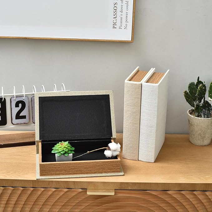 Modern Linen and Wood Decorative Faux Book Boxes Set of 3,10", Taupe,Beige,Off White