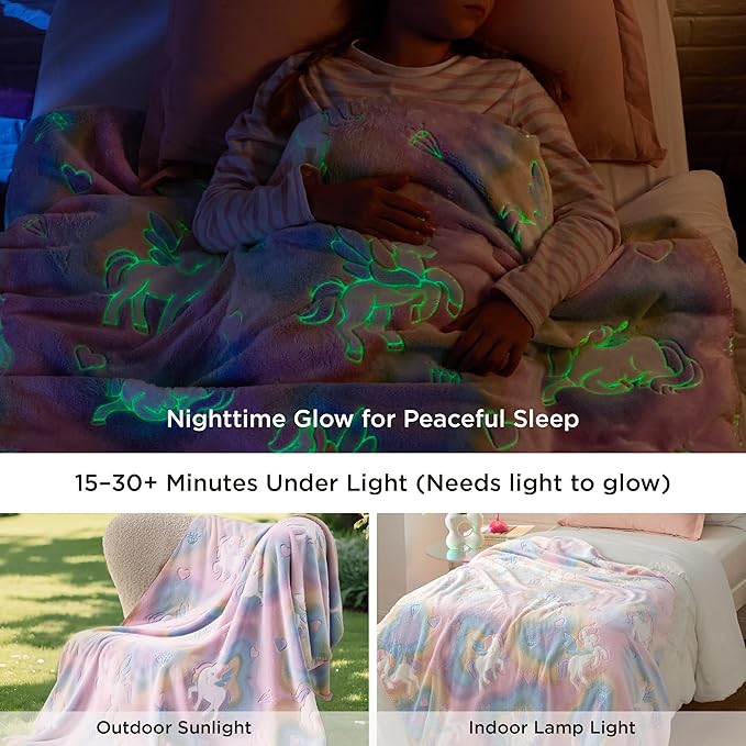 Bedsure Unicorn Glow in The Dark Blanket - Pink Blanket for Girls Kids Age 3-12 as Unicorn Birthday Gift, GentleSoft Cozy Cute Throw for Couch Sofa Bed Home Decor, 50x60