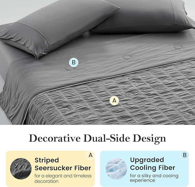 Cozy Bliss Vertical Striped Seersucker Cooling Comforter King Size, Lightweight Airflow Silky Cooling Bedding with Q-Max>0.45 for Bedroom, Home Decor, Hot Sleepers & Night Sweats, Grey 106"×90"