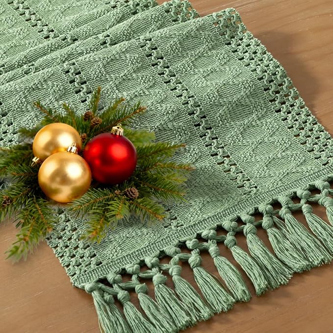 Socomi Sage Green Boho Table Runner Easter Spring Farmhouse Rustic Dining Kitchen Centerpiece Decor Small Macrame Woven Cotton Linen Coffee Table Runner for Dresser Scarf Home Decor 12x60 inch