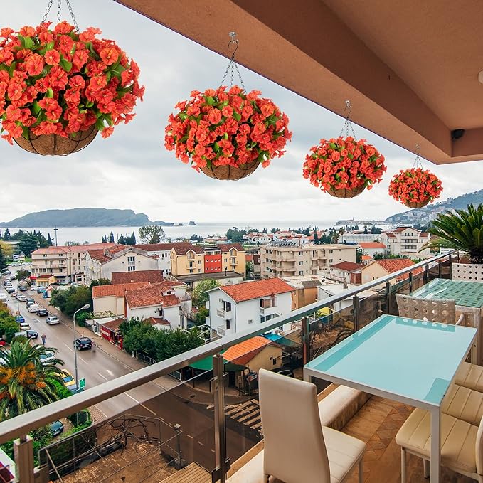 Artificial Hanging Flower Plants with Basket for Summer Autumn Outdoor Decoration, Faux Petunias Flowers Fake Morning Glories Planter for Outside Patio Garden Porch Balcony Yard Decor(Orange)