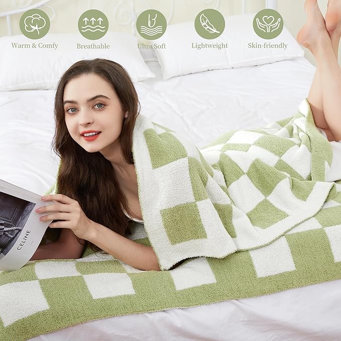 SeaRoomy Checkered Throw Blanket, Ultra Soft Cozy Microfiber Knit Throw Blanket, Warm Fluffy Reversible Checkerboard Blanket for Couch Bed Travel Picnic Room Decor(Sage Green, 60"×79")