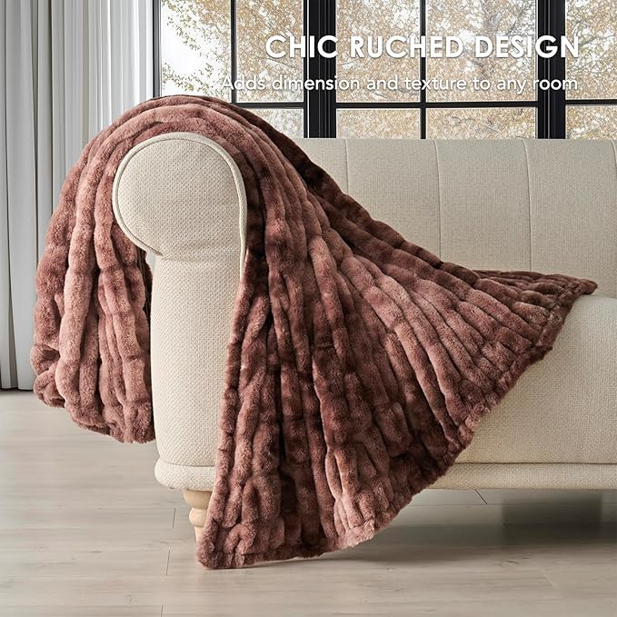 EVERGRACE Luxurious Soft Faux Rabbit Fur Throw Blanket, Cozy Fuzzy Plush Warm Throws for Couch Bed Sofa Chair Home Decor, Ruched Bubble Fluffy Blanket with Reversible Velvet, 50" x 60", Mocha Brown