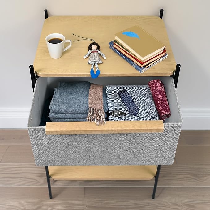 Modern Nightstand with 3-Tier Storage - Water-Resistant Shelves & Fabric Drawer, Sturdy Metal Frame Bedside Table for Bedroom, Dorm, Living Room, Light Gray