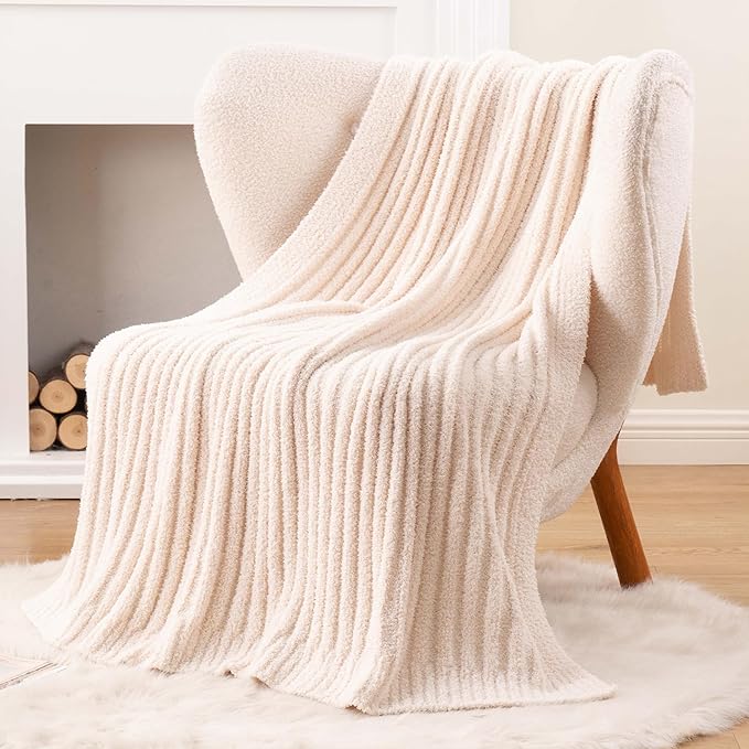 BATTILO White Throw Blanket for Couch, Knit Fuzzy Plush Cream Throw Blankets, Warm Cozy Lightweight Blanket for Bed, Sofa, Home Decor, 50"x60"