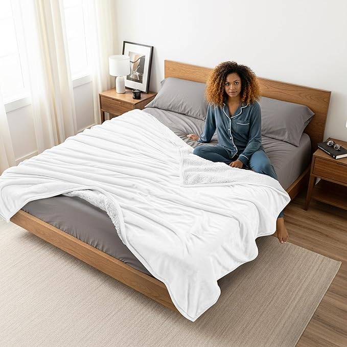 Utopia Bedding Sherpa Blanket Queen Size (White, 90x90 Inches) - Soft Plush Fleece Reversible Blanket for Bed, Sofa, Couch, Camping and Travel