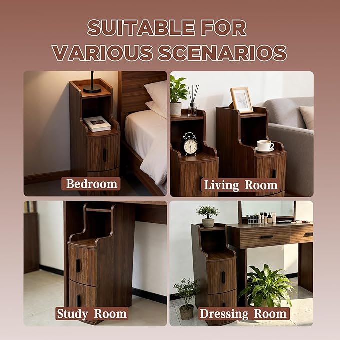 Skinny End Table with 2 Storage Drawers for Living Room Office Slim Side Table Mini Small Nightstand Narrow Beside Table for Sofa Bedroom (1, Walnut)