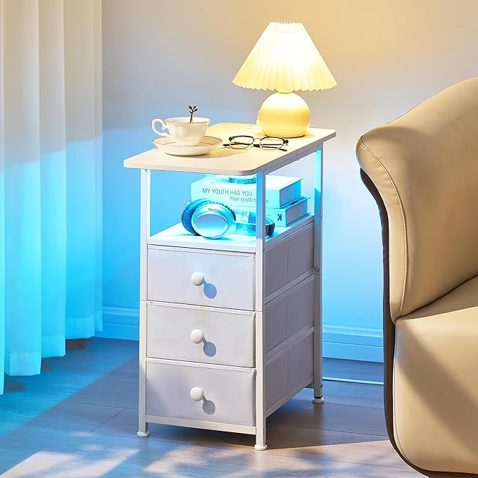 Narrow End Table with Charging Station, Narrow Side Table with 3 Fabric Drawers, Slim Nightstand with LED Light, Small Table with Storage, Living Room, Bedroom, White HKET1303WT