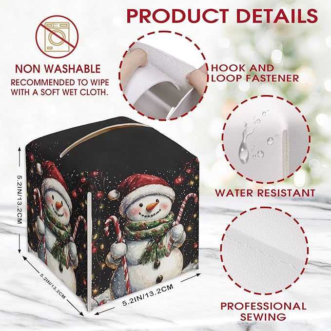 Christmas Snowman Tissue Box Cover Leather, Black Christmas Tissue Box Cover, Xmas Housewarming Gift Ideas for Family Friends, Bathroom Kitchen Car Office Home Table Decor(5.2 Inches)-B02