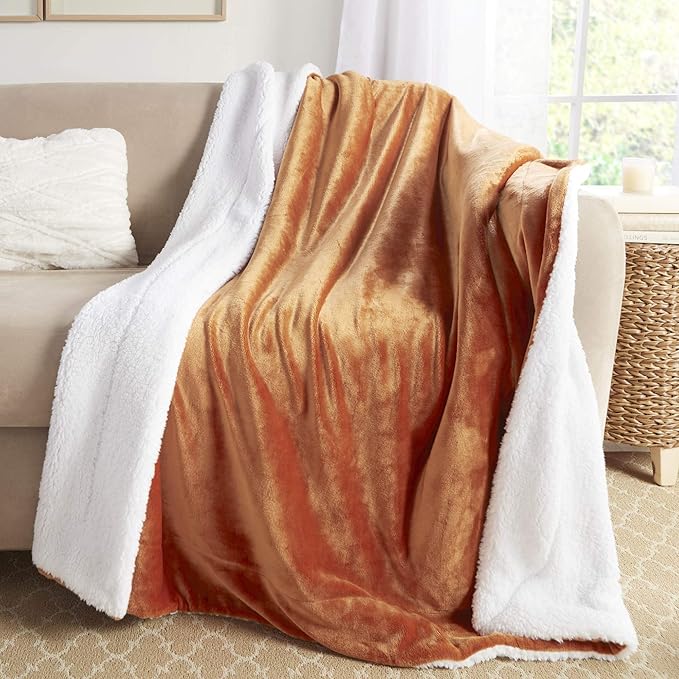 Genteele Sherpa Throw Blanket Super Soft Reversible Ultra Luxurious Plush Blanket, 60 x 70 inches, Burnt Orange/White
