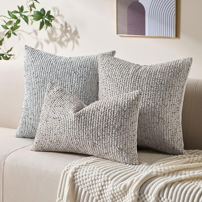 Allorry Decorative Couch Throw Pillow Covers 16x16 Blue Striped Soft Wool Pillow Covers Neutral Textured Boho Cushion Covers for Modern Farmhouse Sofa Bedroom Living Room Decor SY011-C16
