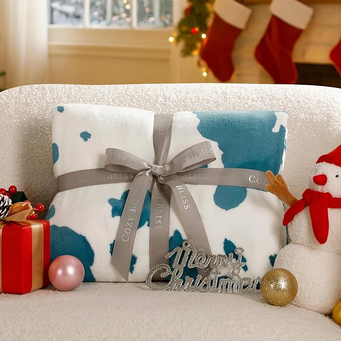 Cozy Bliss Cow Print Fuzzy Throw Blanket for Couch - Thick Soft Warm Non Shedding Fleece Blankets for Western Décor Room, for Kids, Women Men Girls, Teal Blue 50"*60"