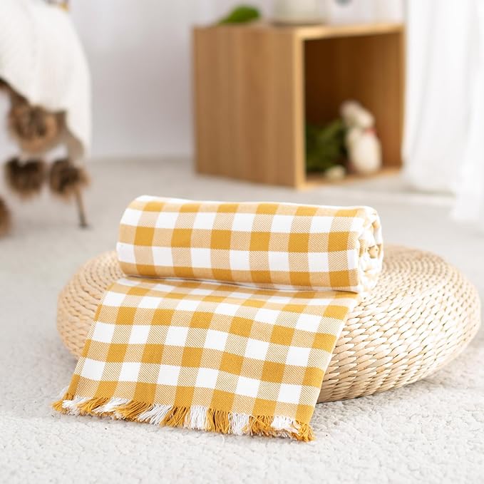 100% Cotton Throw Blanket Plaid Soft Lightweight Cozy Farmhouse Tassels Summer Thin Breathable Throws for Couch Sofa Bed (60" × 80" Yellow)