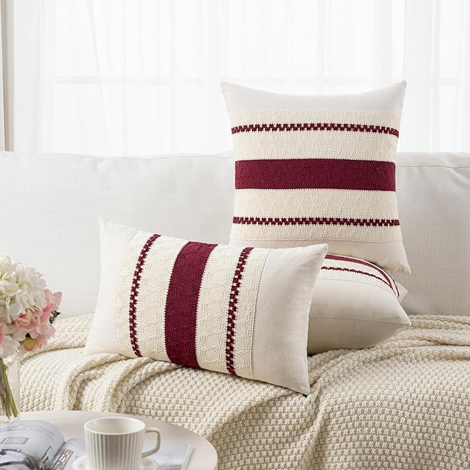 Fancy Homi Set of 2 Burgundy Boho Decorative Throw Pillow Covers 18x18 Inch for Couch Bed Sofa, Aesthetic Modern Farmhouse Christmas Room Decor, Soft Cotton Cute Textured Wind Red Cushion Case