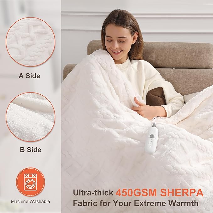 Heated Throw Blanket 50"x60" with 5 Heating Levels & 4 Hours Auto Off, Soft & Plush Sherpa Electric Blanket Throw with ETL & FCC Certification for Home Use, Machine Washable, Great Gift, White
