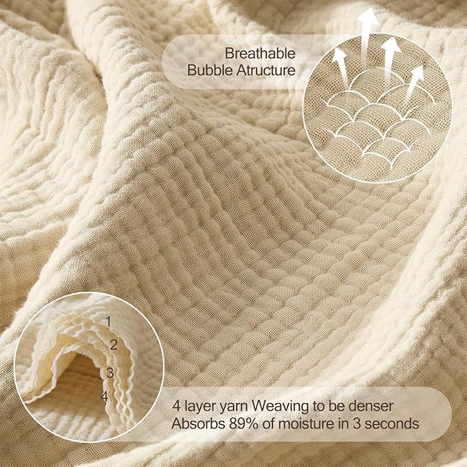 WDCOZY 100% Cotton Muslin Blanket King Size 4-Layer for Bed Breathable Lightweight Soft Large Boho Farmhouse Linen Tassels Ruffle Gauze Blankets All Season for Adults 108x90 Inches Beige Tan Neutral