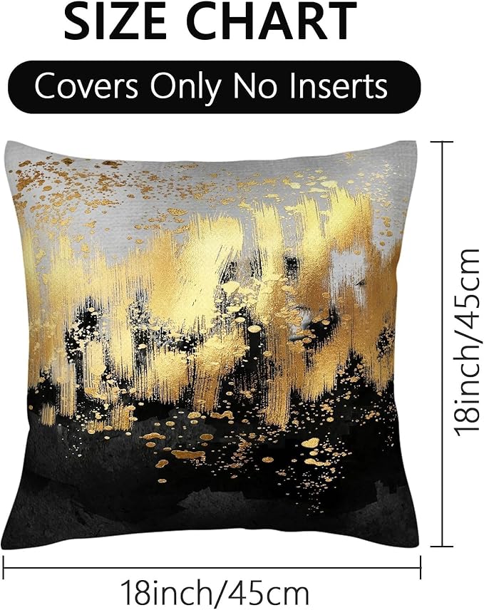 Black and Gold Abstract Throw Pillow Covers 18x18 Set of 2, Modern Luxury Gradient Art Decorative Gold Pillow Cases, Boho Cushion Covers for Sofa Living Room Couch Bedroom, Spring Easter Home Decor