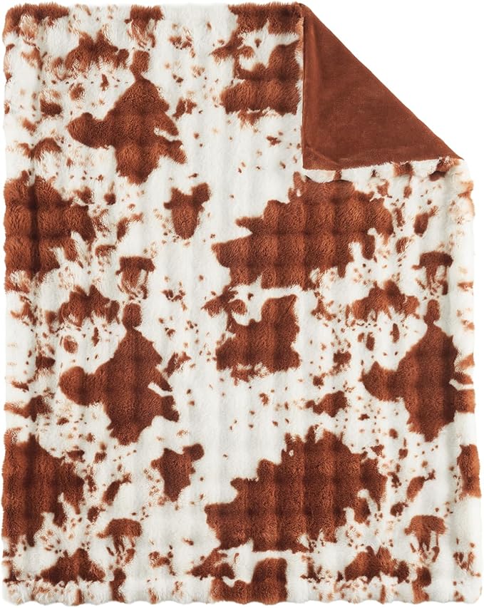 Lotus Karen Faux Fur Throw Blanket Cow Print-Light Brown, Fluffy Fuzzy Plush Bubble Blanket for Couch, 80x60 Inches Cozy Shaggy Rabbit Blanket, Luxury Decorative Gifts for Sofa Bedroom Living Room.