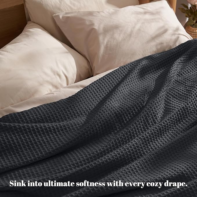 PHF Ultra Soft Waffle Weave Throw Blanket 50"x 60"- Washed Lightweight Breathablee Cozy Woven Blanket - Great for Couch Bed Sofa Home Car - Black