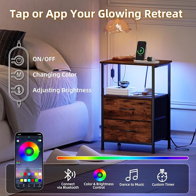 Somdot Nightstands Set of 2,End Tables with Charging Station and LED Lights,Night Stand with 2 Fabric Drawers, Bedside Table for Dorm Guest Room Bedside Kids Entryway Hallway, Wood Grain Print