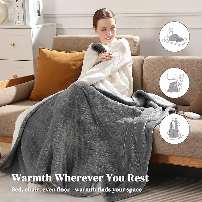 Electric Throw Blanket Heated Throw 50''x60''- Wheat Pattern Flannel & Sherpa Heated Lap Blanket with 5 Heat Settings & 4-Hour Auto Shut-Off, ETL & FCC Certified, Machine Washable Home Use, Grey