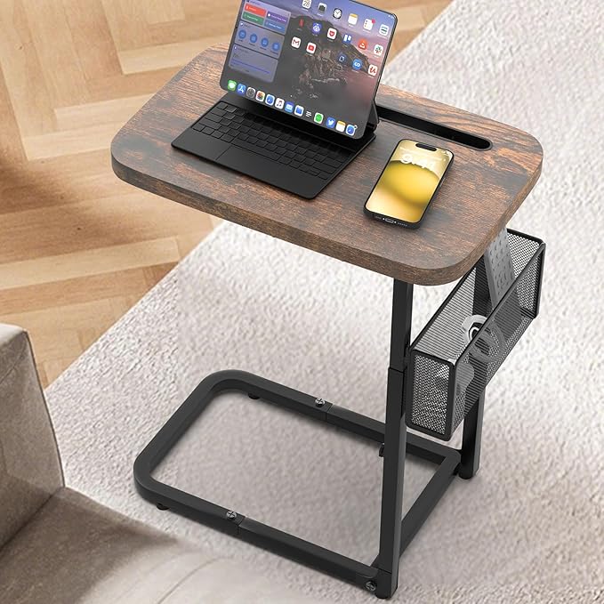 High-Grade Stability TV Tray Table with Large Tabletop, Adjustable Couch Table with Storage Baskets, Strong Metal Frame, Tv Dinner Tray Table for TV Watching, Meals, Snacks, and Tablet Use (Brown)