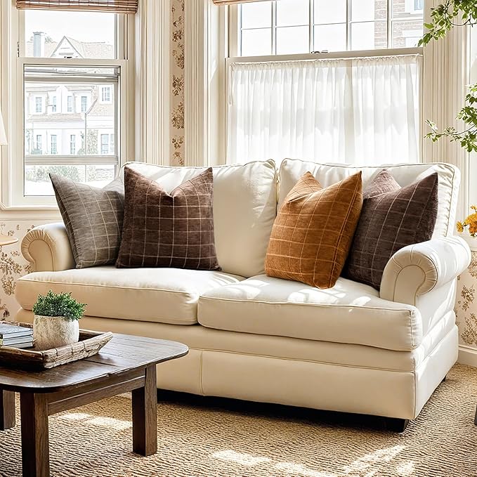 MIULEE Decorative Chenille Check Throw Pillow Covers Vintage Plaid Couch Pillows 18x18 Inch Set of 2 Neutral Boho Farmhouse Cushion Covers Modern Spring Home Decor for Sofa Bed Living Room Bronze