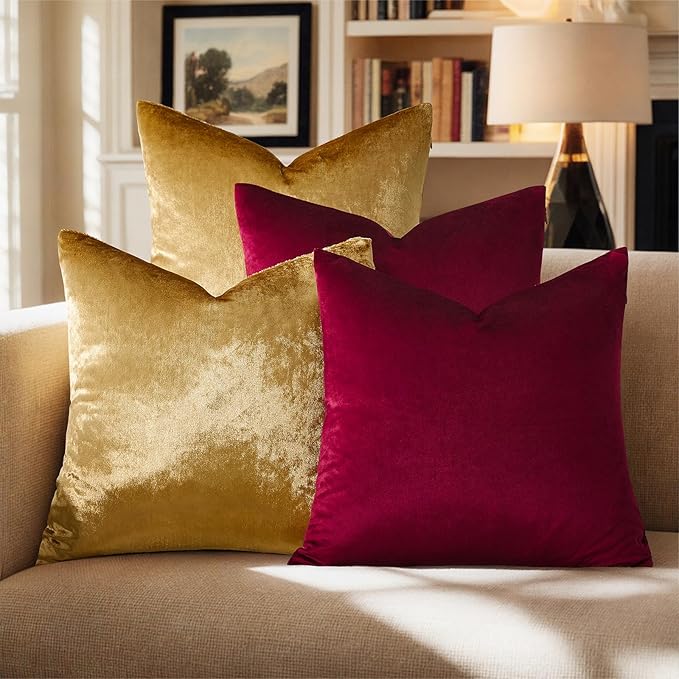 GIGIZAZA Decorative Pillow Covers 20x20: Burgundy Gold Throw Pillows Square Covers Set of 4 - Velvet Super Soft Couch Solid Cushion Covers for Living Room,Bedroom,Sofa,Christmas