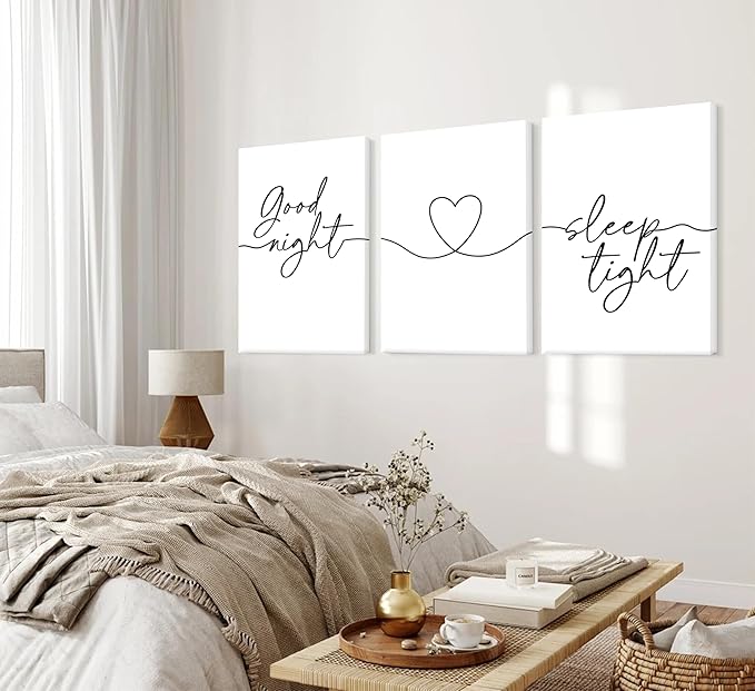 3Pcs Minimalist Style Wall Art Bedtime Quotes Painting Picture Wall Decor Good Night Sleep Well Black Line Art Heart Shape and Phrase Poster Print Artwork for Living Room Bedroom Home Decoratio