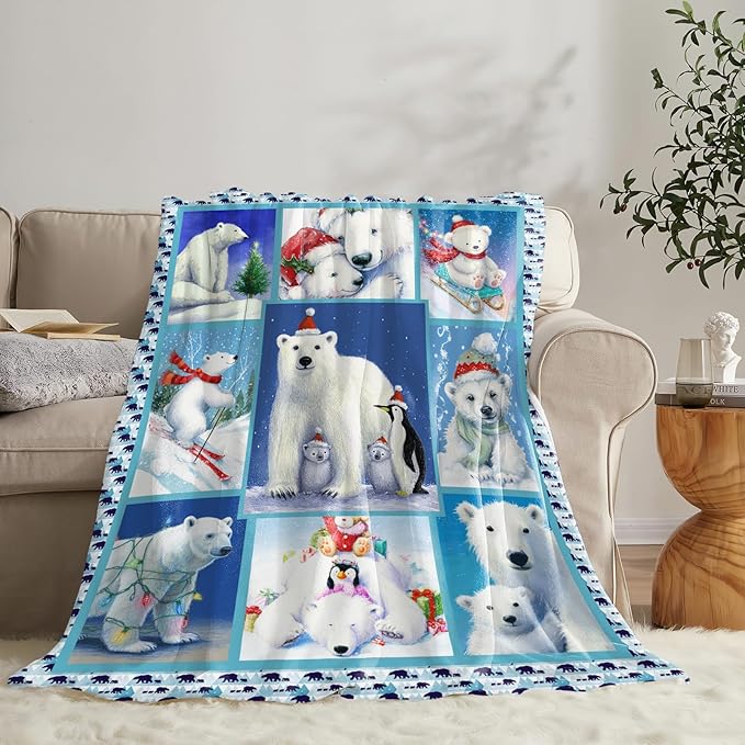 Christmas Polar Bear Blanket for Girls Women Boys Men Adults Kids Soft Cozy Fleece Cute White Bears Throw Blankets Gifts Warm Flannel Plush Lightweight Decor for Couch Bed Sofa 50"X40"