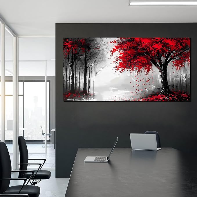Large Canvas Wall Art for Living Room Black White and Red Forest Print Pictures Painting Framed Wall Decor for Bedroom Modern Home Plant Scenery Wall Decorations Artwork Size 30x60 Ready to Hang