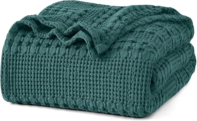 PHF 100% Cotton Waffle Weave Blanket Queen Size for Bed, Soft Lightweight & Breathable for Spring and Summer, All-Season Comfort, Luxury Aesthetic Blanket for Home Decor, 90"x90", Teal
