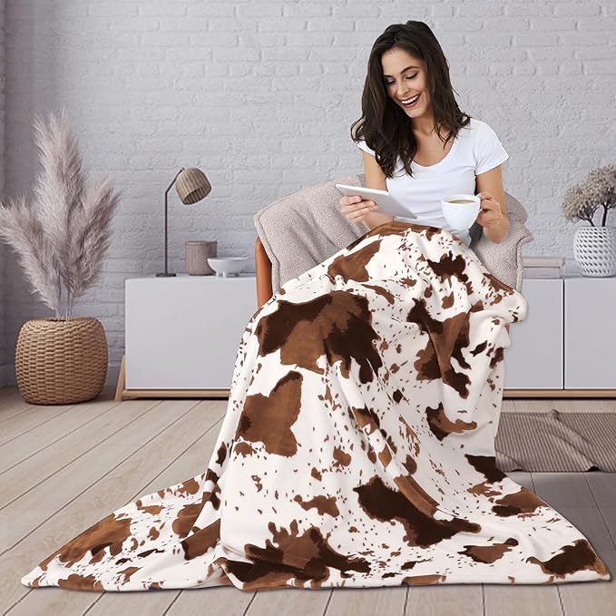 Cow Print Blanket, Ultra Cozy Cow Throw Blanket for Couch Bed and Travel, Cow Print Decor Throw Blankets for All Seasons 50"x60" (Light Brown)