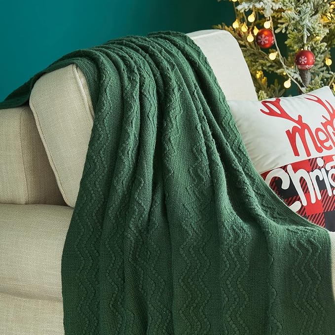 MIULEE Dark Green Knitted Throw Blanket for Couch Boho Textured Cozy Woven Blanket with Tassels for Sofa Chair Bed Living Room Acrylic Wave Pattern 60"x80"