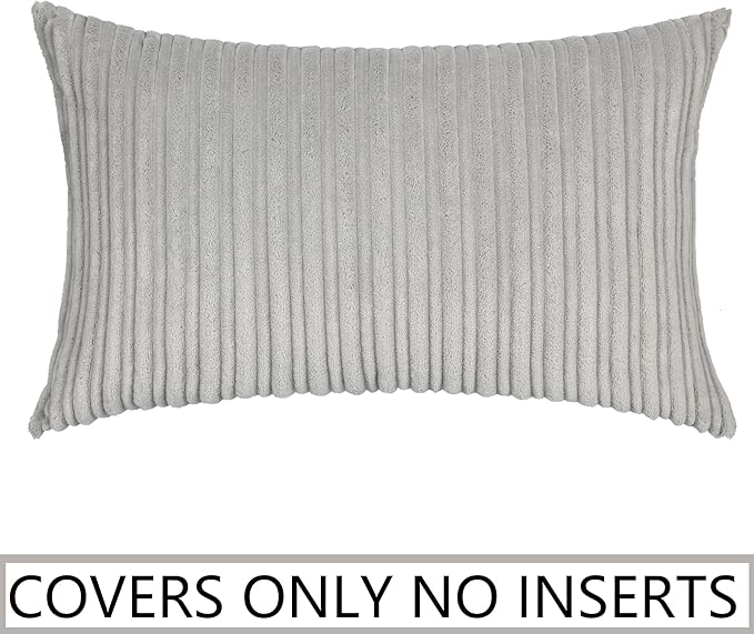 UGASA Velvet Pillow Covers Striped, Decorative Throw Cushion Case with Hidden Zipper for Home Couch/Bedroom, Soft Cozy Solid Oblong, 1 Piece (12"x20", Light Grey)