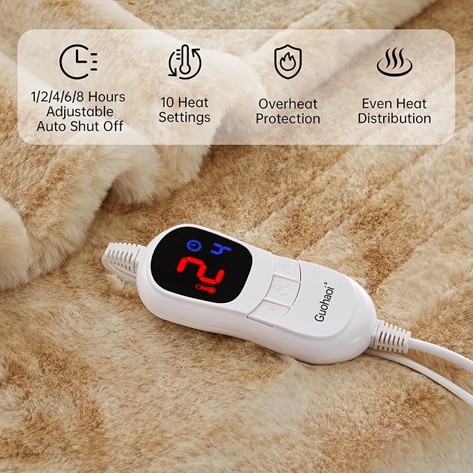 Guohaoi Heated Blanket Electric Throw, Soft Faux Rabbit Fur Electric Blanket with 10 Heating Levels 5 Sitting Timer Auto Off, Cozy Warm Heating Blankets, Machine Washable(62"×84" Beige)