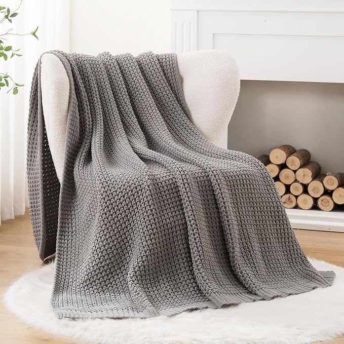 Bunnikins & Clover Grey Throw Blanket for Couch Bed Sofa, Waffle Knit Grey Blanket for Women Mothers Birthday Gifts, 60"x80"