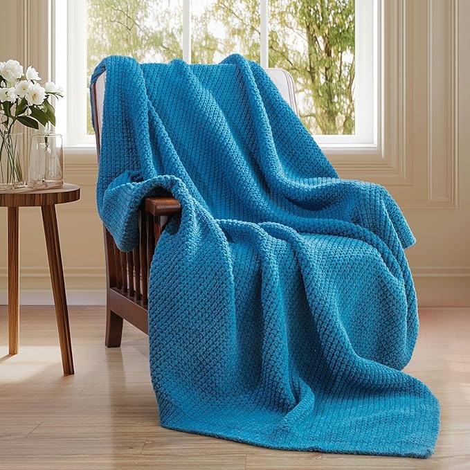 Waffle Knit Throw Blanket, Luxury Cozy Chunky Knit Throw Blanket for Couch, 50 x 60 Inch Thick Ultra-Soft Feather Yarn Knitted Blanket for Sofa, Bed, Home Decor - Blue
