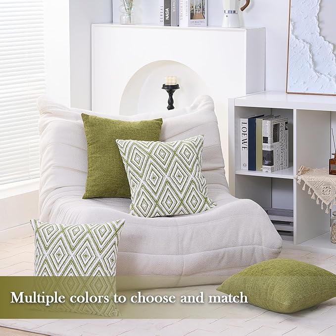 HPUK Decorative Throw Pillow Covers Set of 4 Geometric Design Linen Cushion Cover for Couch Sofa Living Room, 20"x20" inches, Green