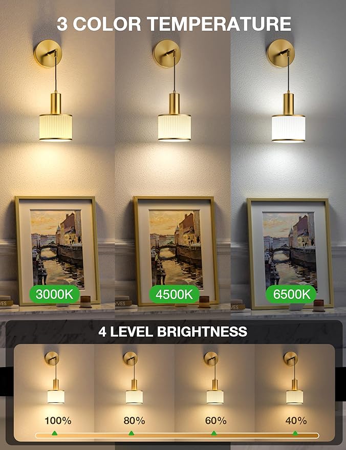 NIORSUN Battery Operated Wall Sconce Set of 2, Gold & Off-White Wireless Rechargeable Wall Lights with 5200mAh Dimmable Detachable Bulbs and Remote, 9 Colors Sconces Wall Decor for Bedroom Living Room