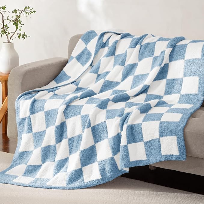 Whale Flotilla Checkered Knit Throw Blanket, Ultra Soft Warm Reversible Cozy Decorative Blankets for Couch Sofa and Bed, 50x60 Inch, Light Blue