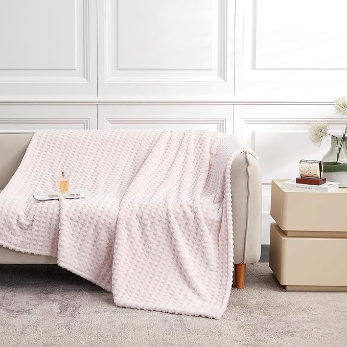 Soft Cozy Fuzzy Fleece Twin Blanket, Waffle Light Pink, 60x80 Inches – Lightweight, Fluffy, and Warm 3D Jacquard All-Season Blanket for Couch, Bed, Sofa, Home Decor, Camping, and Travel