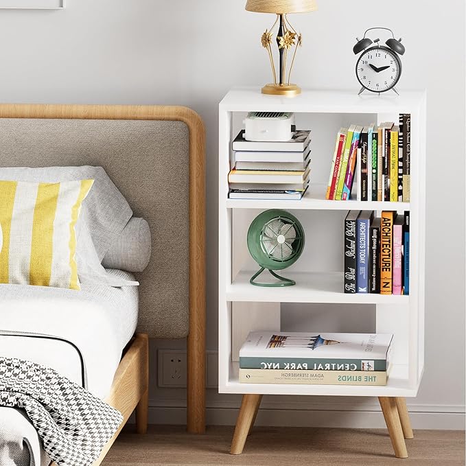 Night Stand, White Nightstand, Modern End Table with Open Storage, 3-Tier Wooden Bedside Table for Small Space, Living Room, Bedroom