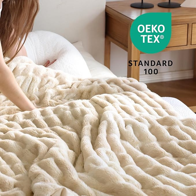 Ultra Soft Faux Rabbit Fur Throw Blanket, Cozy Fuzzy Blanket for Couch Bed, Plush Warm Decor Gifts, Luxury Thick Fluffy Blanket for Women & Men, 60x80 inches, Tie-Dyed Khaki