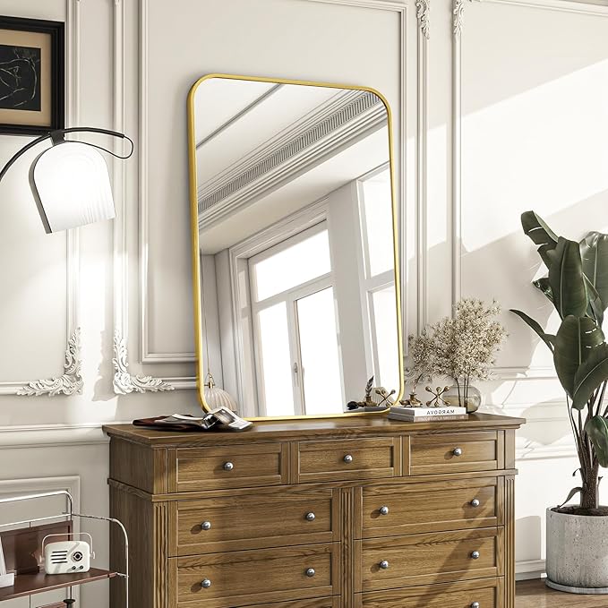24x36 Inch Bathroom Mirror - Wall Mounted Vanity Mirror with Round Corner Aluminum Alloy Frame, Hanging Horizontally Vertically for Living Room, Bedroom, Hallway as Home Decor,Gold