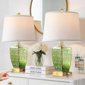 QiMH Glass Table Lamps for Living Room, Modern Bedside Lamps for Night Stands with USB A+C Ports, 3-Way Dimmable Touch Lamp for Bedroom Set of 2 with White Linen Shade Home Decor, Green