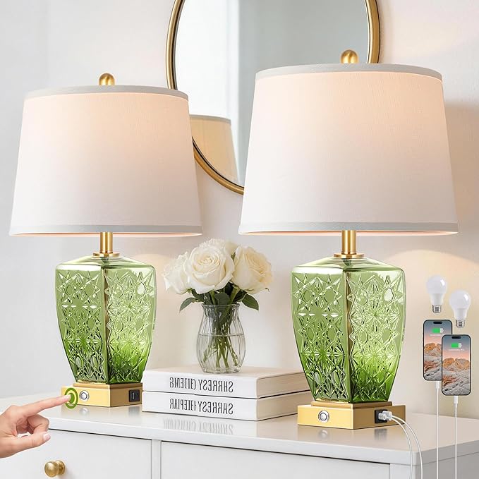 QiMH Glass Table Lamps for Living Room, Modern Bedside Lamps for Night Stands with USB A+C Ports, 3-Way Dimmable Touch Lamp for Bedroom Set of 2 with White Linen Shade Home Decor, Green